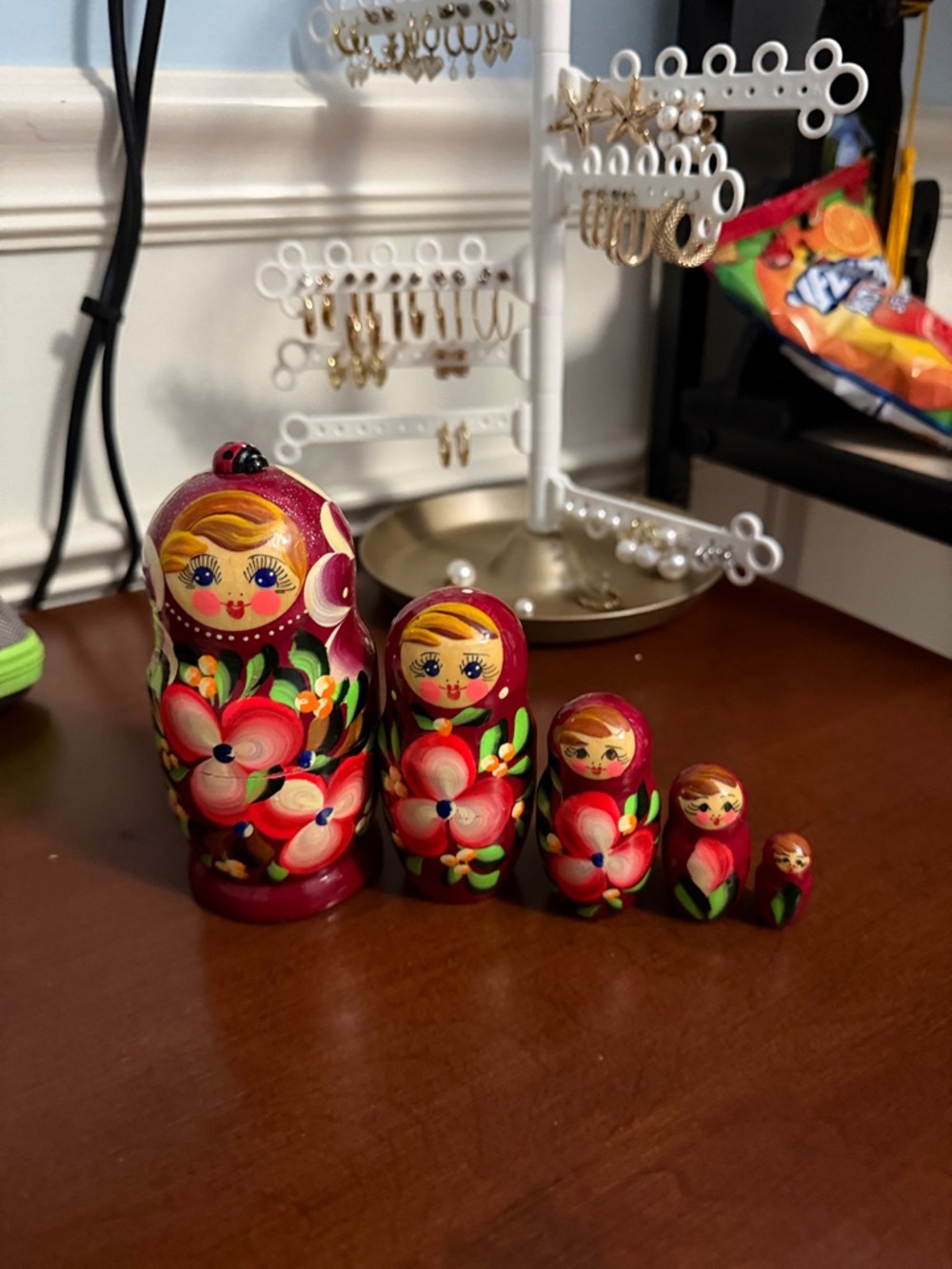 Hand-Painted Red Russian Nesting Dolls (Matryoshka) - Decorative Set